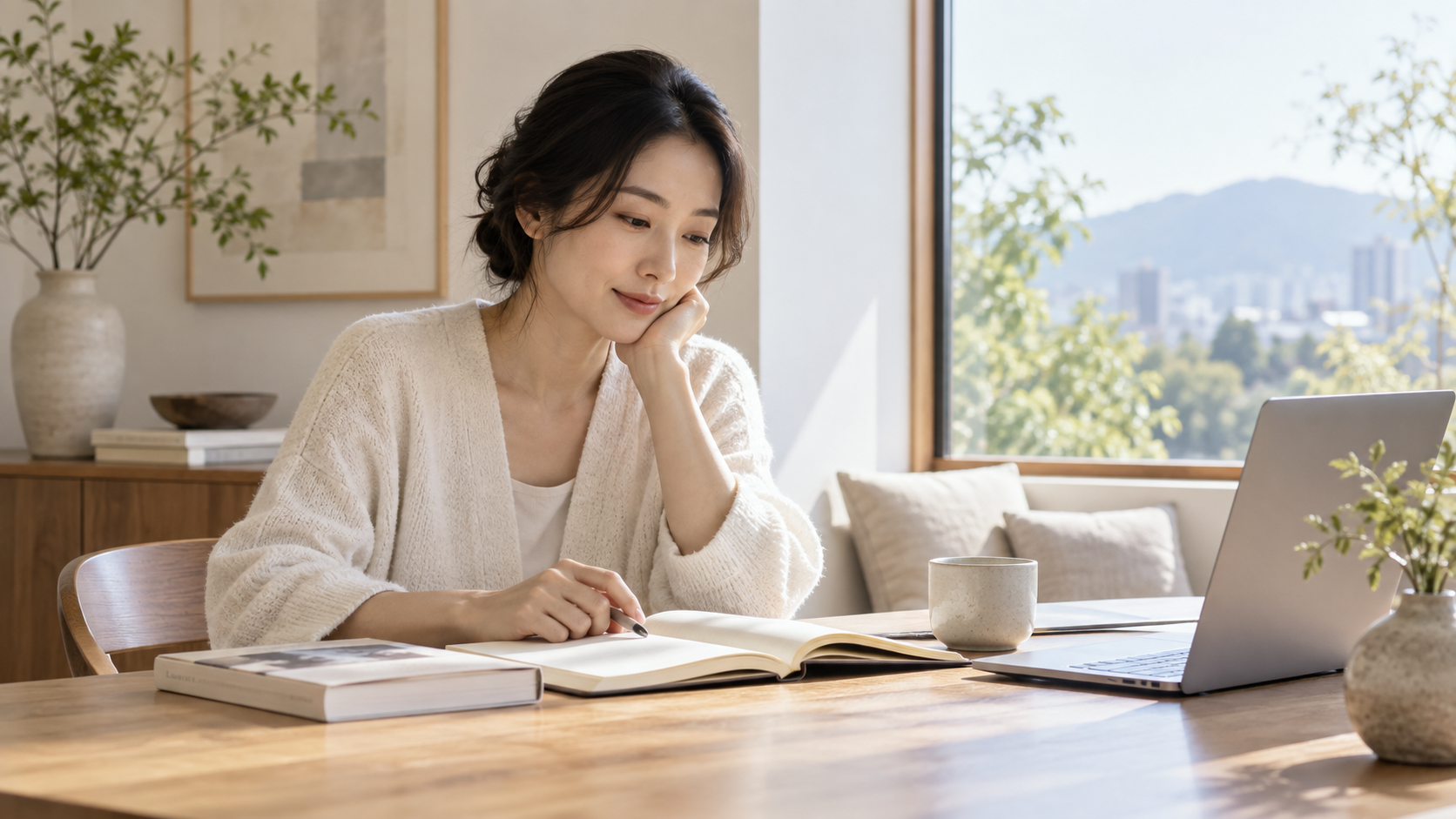 デスクでノートを開き、事業と自分の役割を考える場面