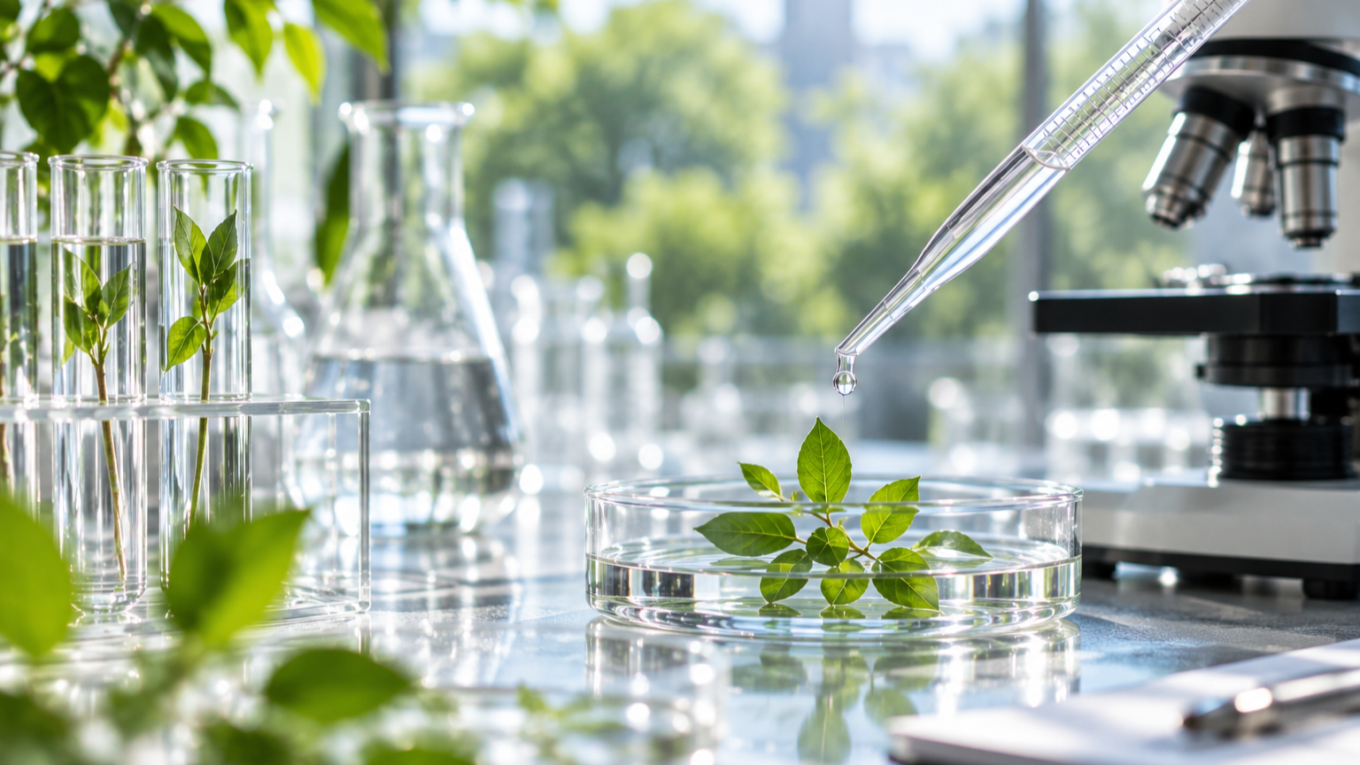植物とガラス器具が並ぶ研究室のイメージ